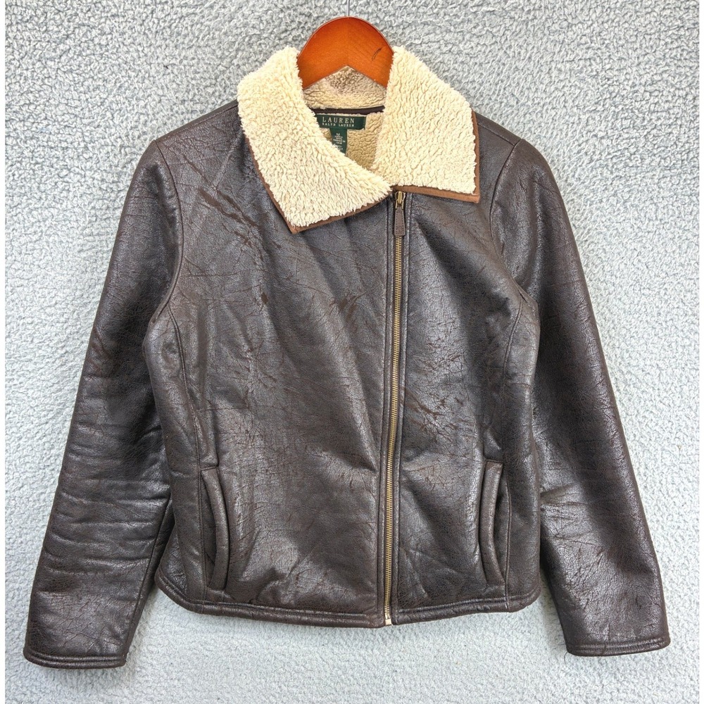 Lauren Ralph Lauren Faux Shearling Moto Jacket Womens M Brown Aviator Coat